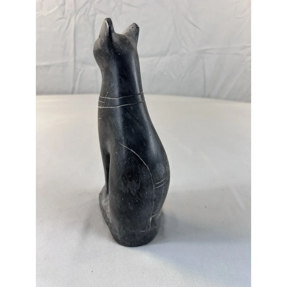 Vintage Hand Carved Soapstone Cat Figurine Black Stone‎ Statue 7